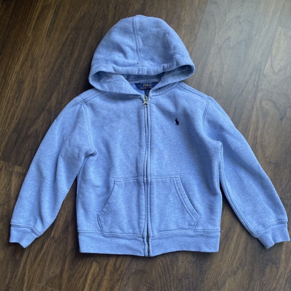 POLO Ralph Lauren Boys Light Blue Heavy Cotton Zip Up Hoodie Sweatshirt Size 6